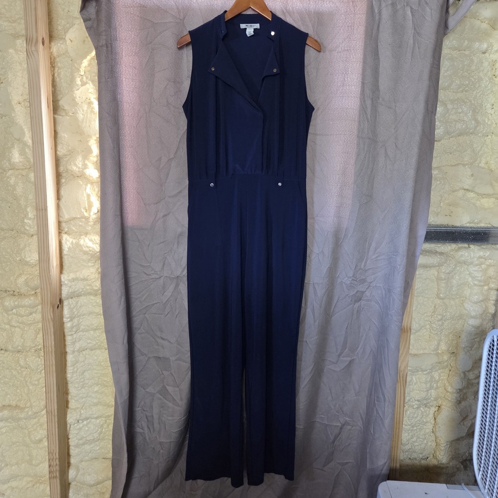 WHBM Jumpsuit Womens M Blue Sleeveless Collared Jersey Stretch One Piece Casual